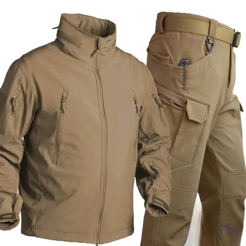 Winter Fleece Tactical Soft Shell Sets Mens Outdoor Waterproof Multi-Pockets Shark Skin Jackets Cargo Pants Hunting Suits Male