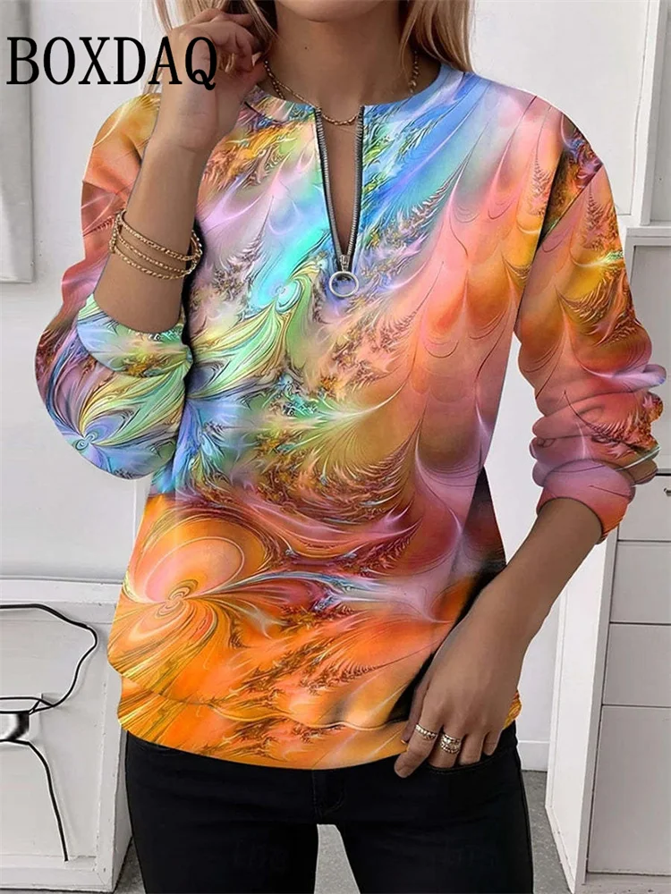 เสื้อสเวตเชิ้ตแขนยาวพิมพ์ลายไท-ได ลายพิมพ์นามธรรม สำหรับผู้หญิง สไตล์ลำลอง ใส่ได้ทุกวัน คอวี ซิป  สำหรับฤดูใบไม้ร่วงและฤดูหนาว ปี 2025