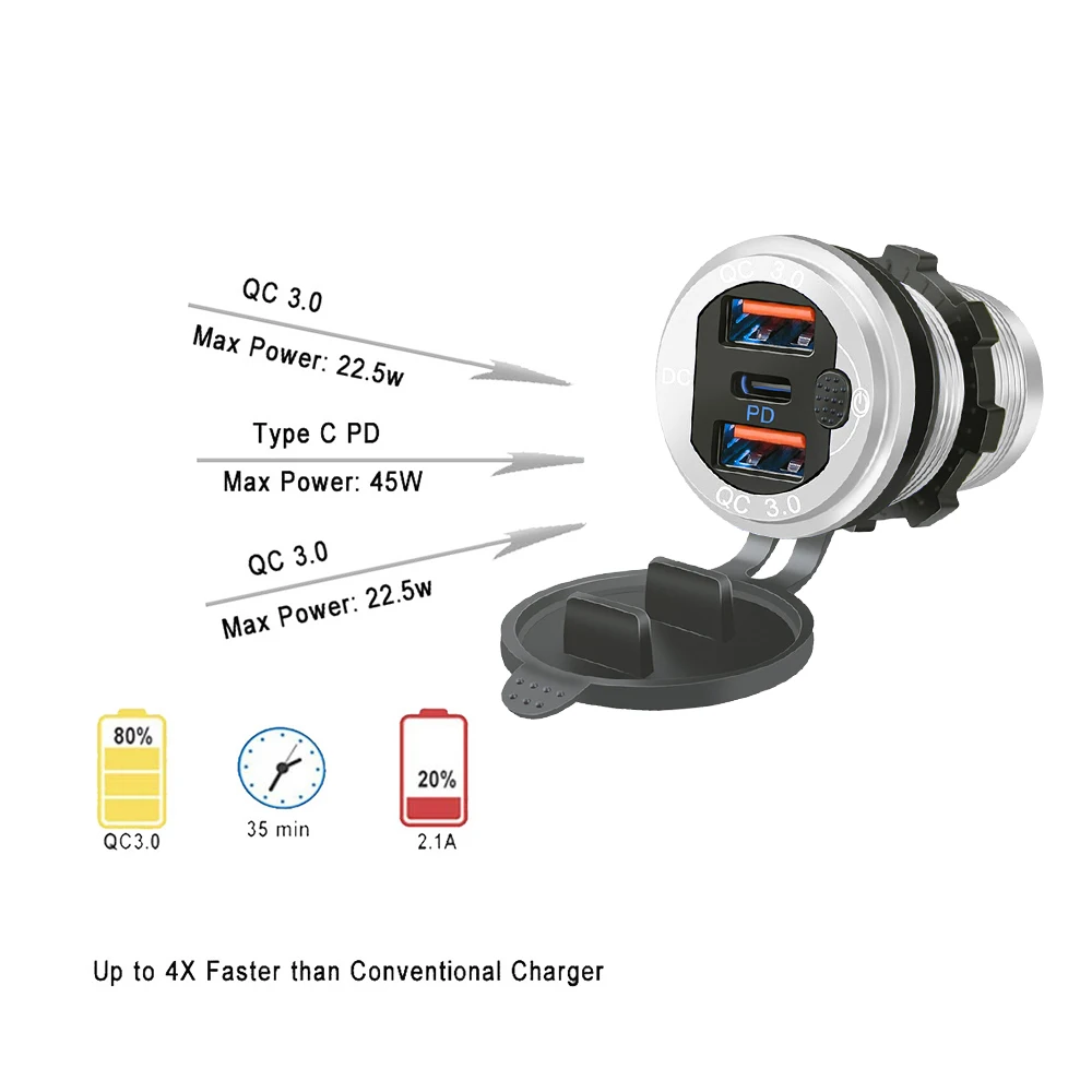 12V/24V USB Typ-C Mehrere Autoladebuchse PD3.0 & QC3.0 Ports Wasserdicht mit Touch-Schalter Schnelllade-Auto-Moto-Adapter – Detail 12
