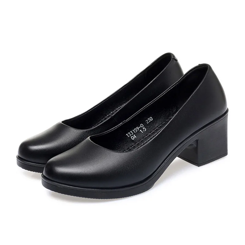 Autumn Women\'s High Heels Daily 5cm Square Heel Pumps Office Lady Black Leather Shoes Comfortable Soft Sole Slip-on Women Shoes