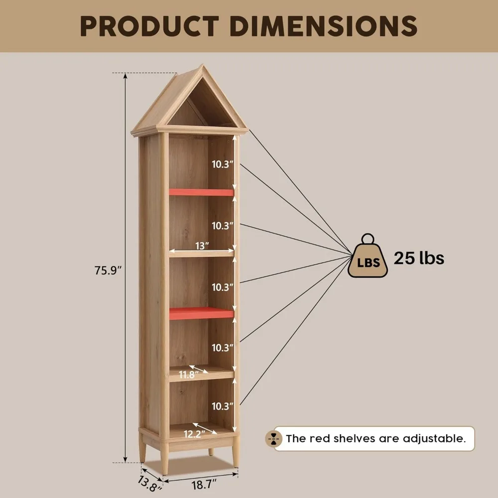 رف كتب بزاوية طويل 75.9، خزانة كتب هندسية ضيقة مكونة من 5 طبقات مع مساحة تخزين، بلوزة مثلثة حديثة مع أرفف قابلة للتعديل،