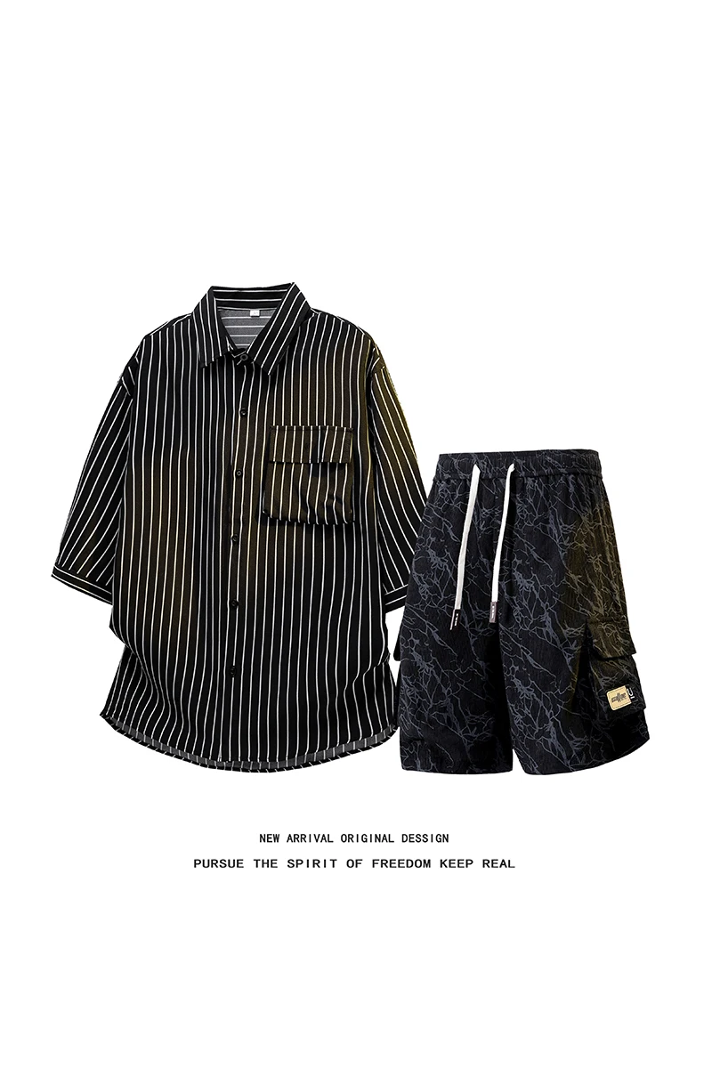【Shirt + Shorts】Men's Shirt Set Summer Fashion Ice Silk Striped Shirt Tie-Dye 5-point Pants Daily Casual Leisure 2-Piece Outfit - view 6