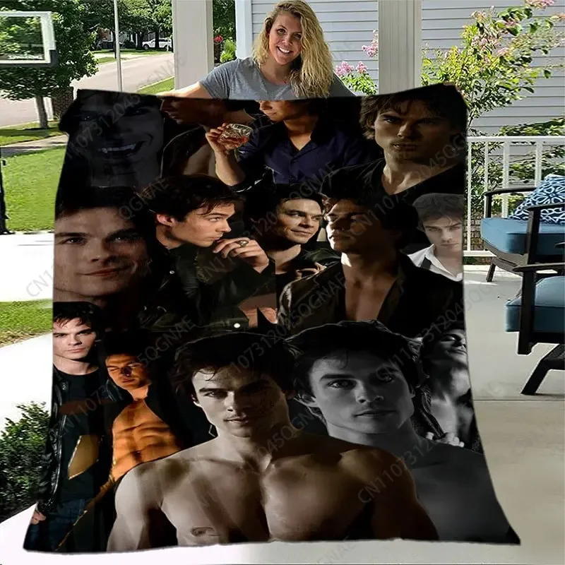 Custom 1pc Vampire Diaries Damon Salvatore TV Show Blanket - Soft Flannel All-Season Throw With Iconic Damon & Elena Design, Dam