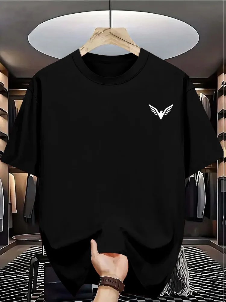Men Summer Cotton Short Sleeve T Shirt Small Black Eagle Wing Chest Logo Print Crew Neck Minimalist Basic Casual Male Tee