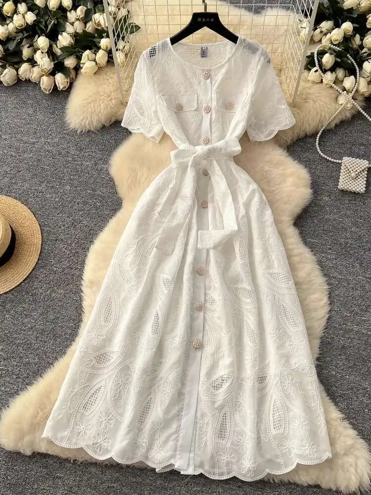 Summer French Vintage Dress Women Hollowed Out Embroidered Round Neck Short Sleeved Long Dresses Elegant Singles Long Robe
