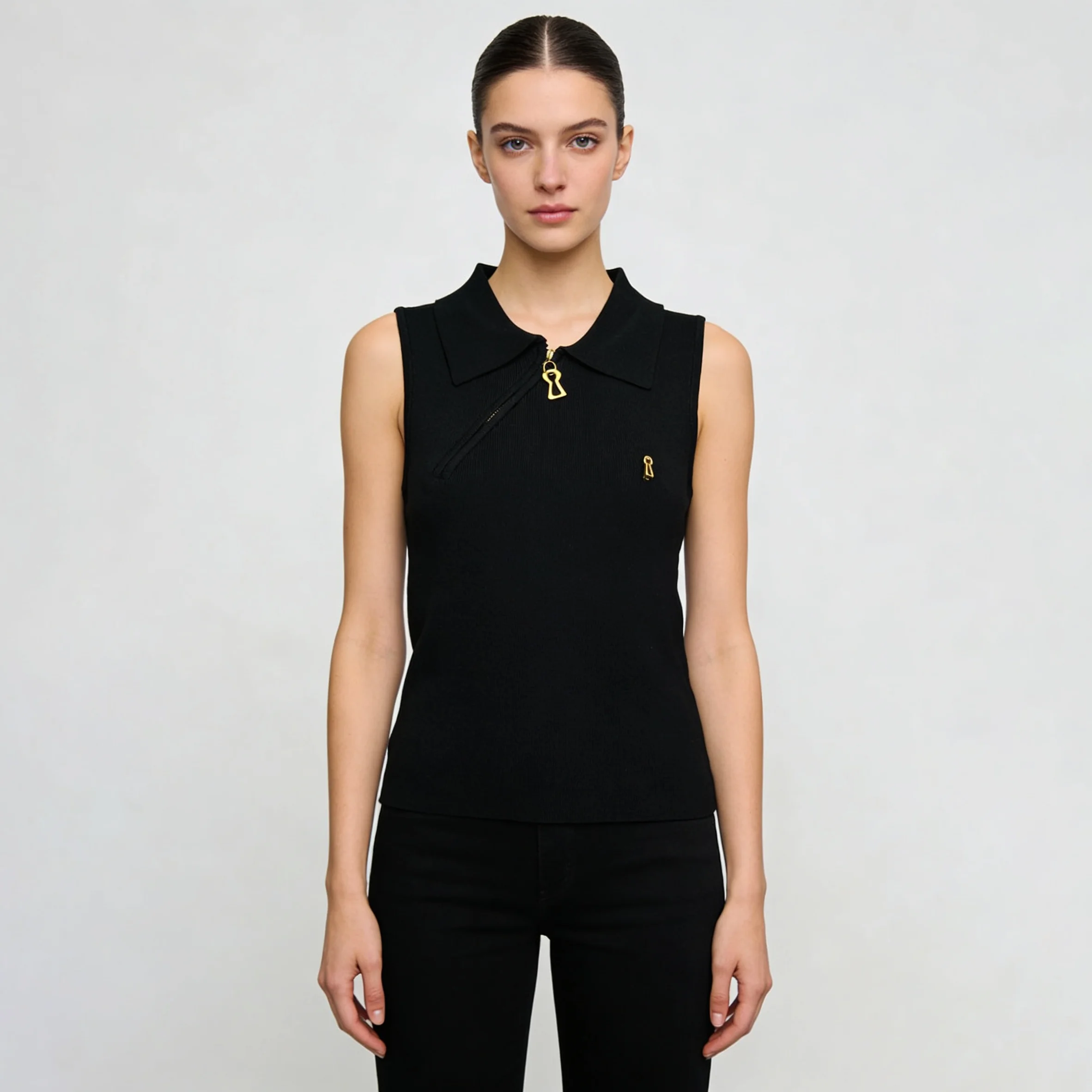 NOVA Stylish Sleeveless Polo Knit Women Tank Top Key Buckle Detail Brown White Daily Chic Fashion Top