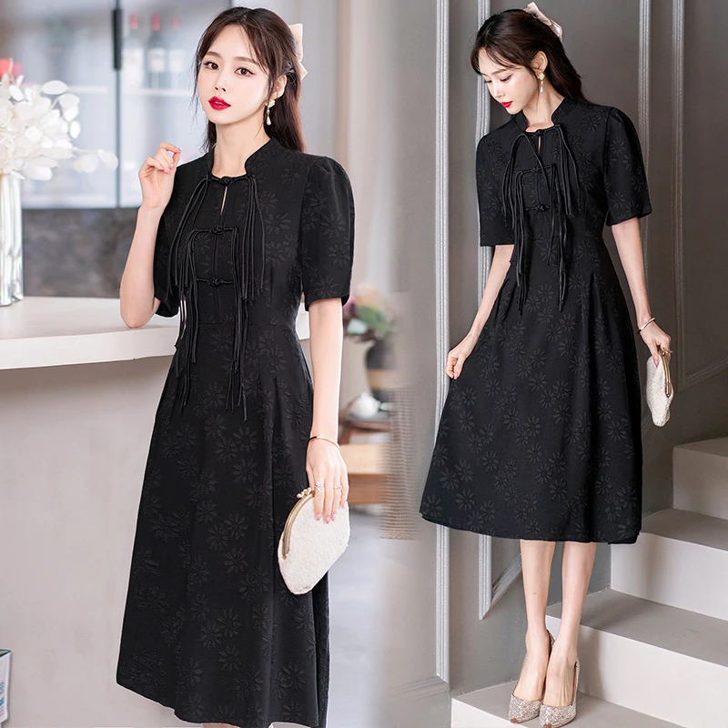 Elegant Retro Slim Young Black Improved Cheongsam Traditional Chinese Qipao Dress Clothing for Women