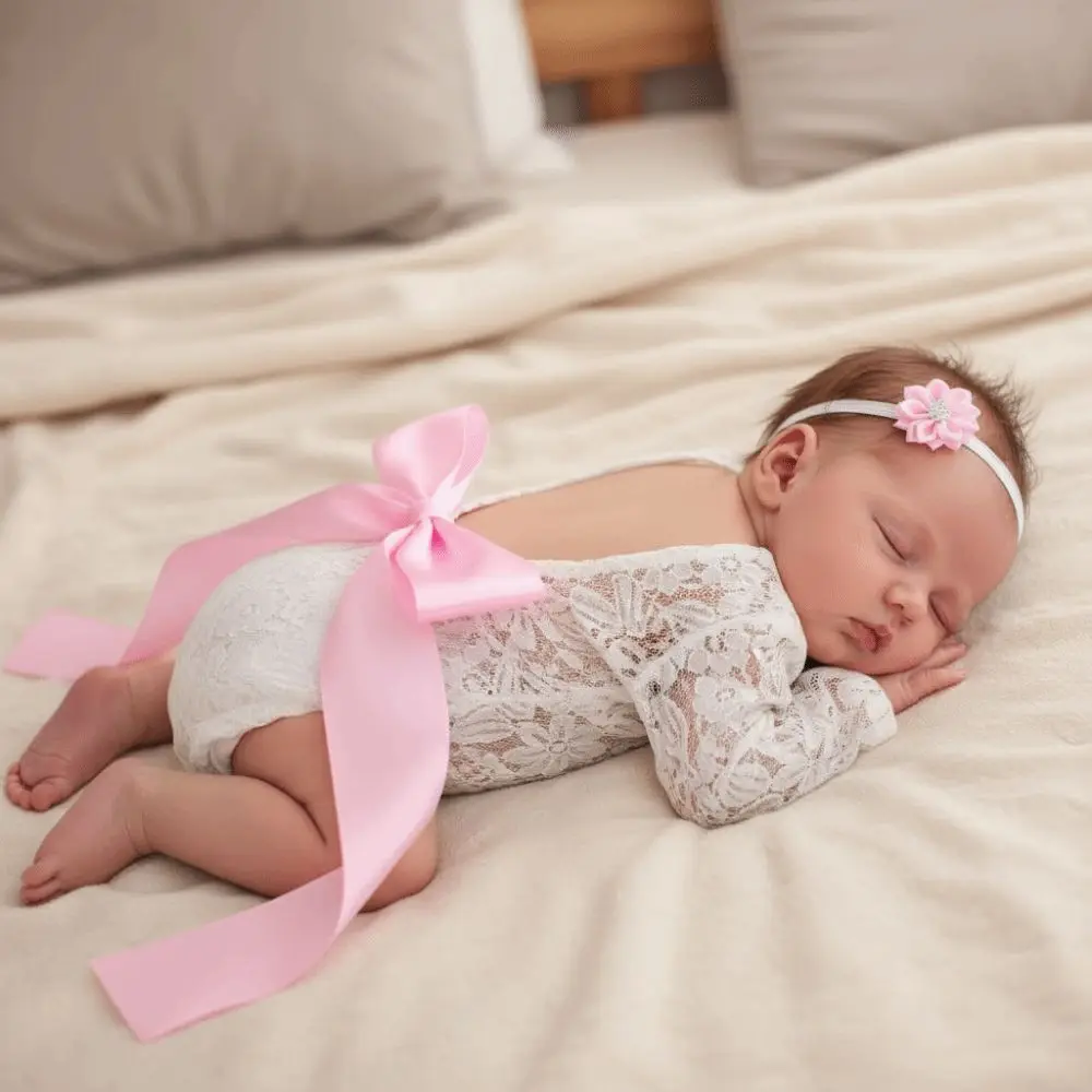 

2Pcs/Set Creative Infants Photo Clothing Bow Tie Design Floral Newborn Lace Romper Solid Color Hollow Back