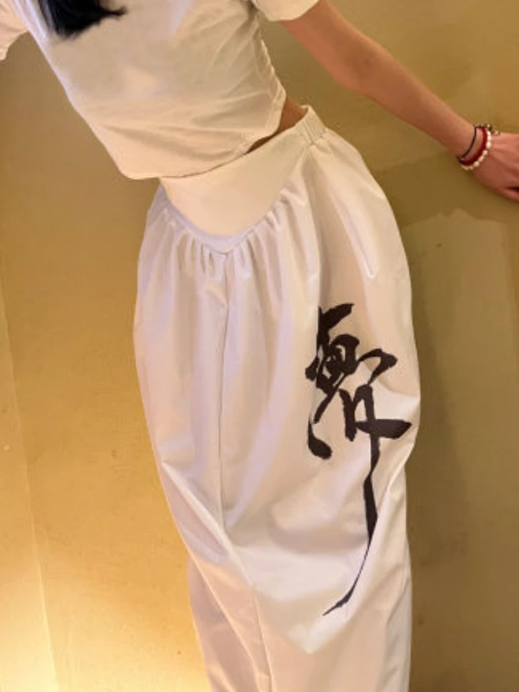 BUD Skirts Women Chinese Style Character Design High Waist Harajuku Ankle-length Casual Folds Vintage White Streetwear Simple