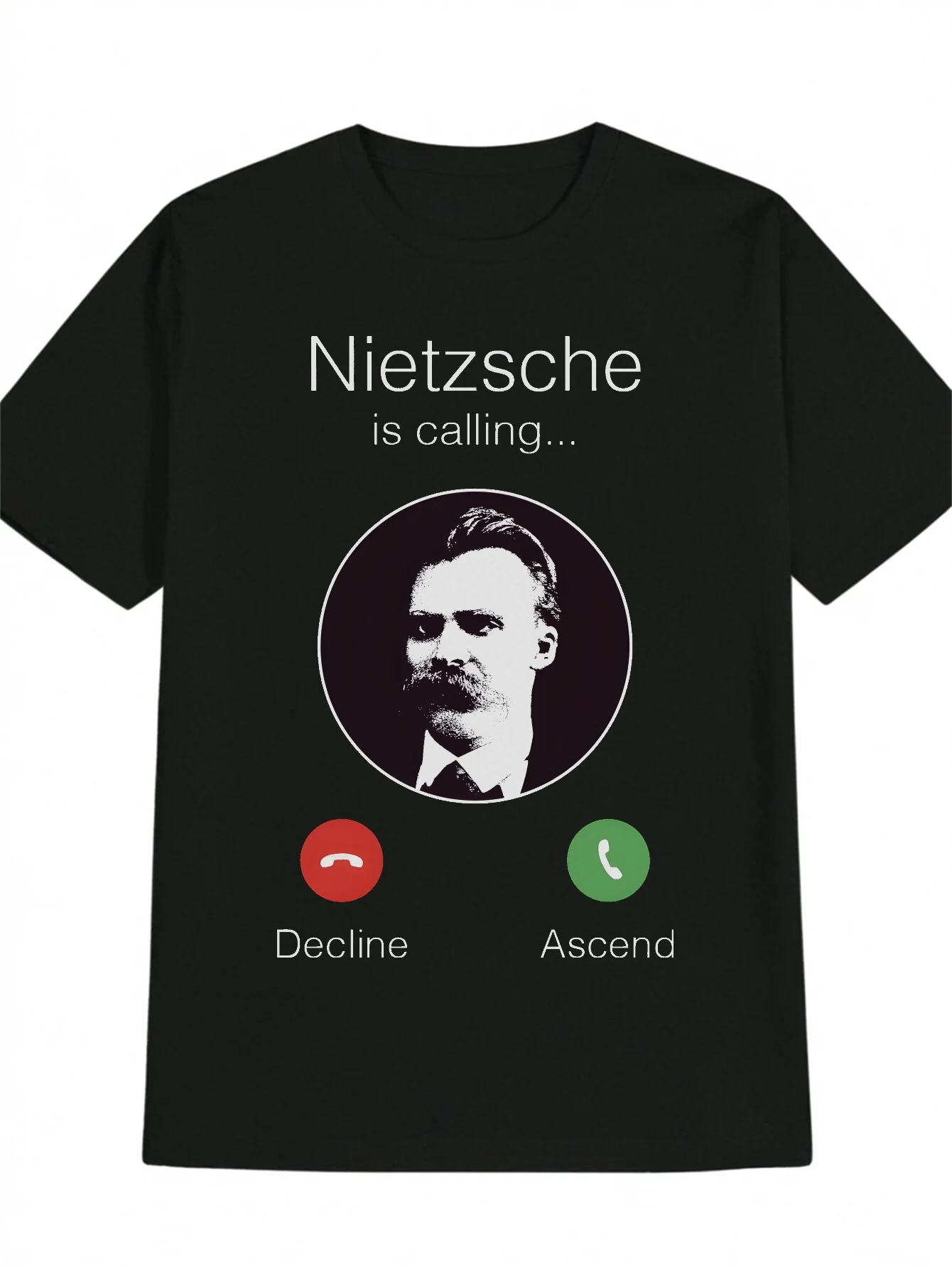 Lustiges Nietzsche-Philosophie-Meme-T-Shirt für Herren. Der Ruf kommt, aber dein Telefon ist kaputt. Slogan: Lässiges, humorvolles Grafik-T-Shirt – Detail 6