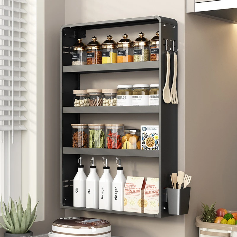 

No Drill Wall Hanging Spice Cabinet Multi-tier Shelf for Oil Salt Sauce Vinegar Storage