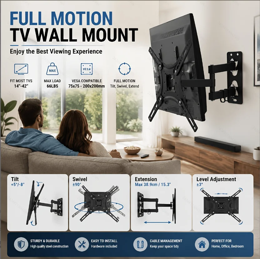 Full Motion TV Wall Mount Bracket, Swivel Tilt Mount, Fits 26 32 36 37 40 42 46 49 50 55 Inch TVs