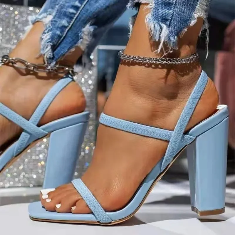 European American Trendy Thick Heel Sandals for Women\'s 2024 Summer New High Heel Design with Fine Strap Sandals Zapatos Mujer