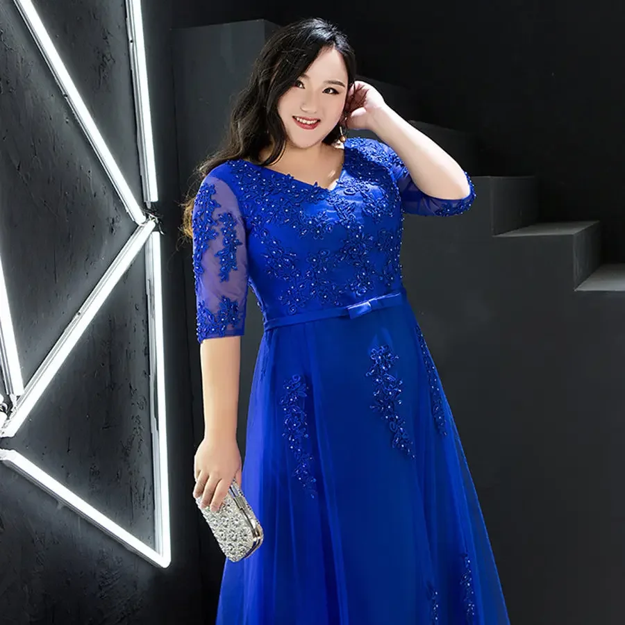 Vestido De noche azul real con cuentas para mujer, cuello en V De noche con túnica, Media manga, línea A, longitud hasta el suelo, talla grande, vestido Formal De fiesta, T357