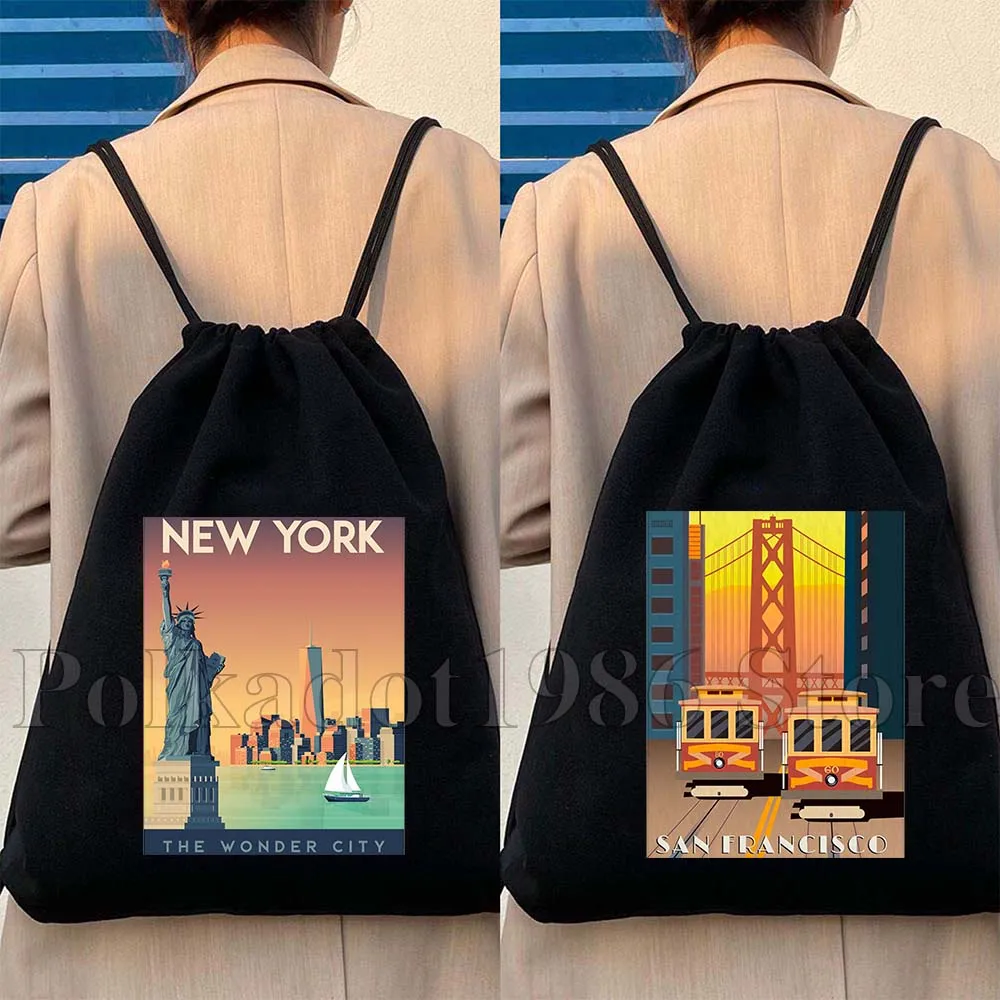 New York Las Vegas Miami Seattle San Francisco Travel Poster Canvas Drawstring Bags Sports Soccer Backpack Sackpack String Bag