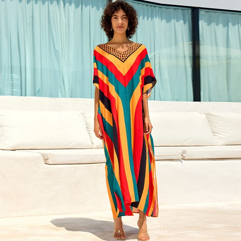 Tie Dye Summer Dress Women Oversized Kaftan Flowy Striped Print Caftan Seaside Beach Cover Ups Colorful Vivid Party Boho Robe