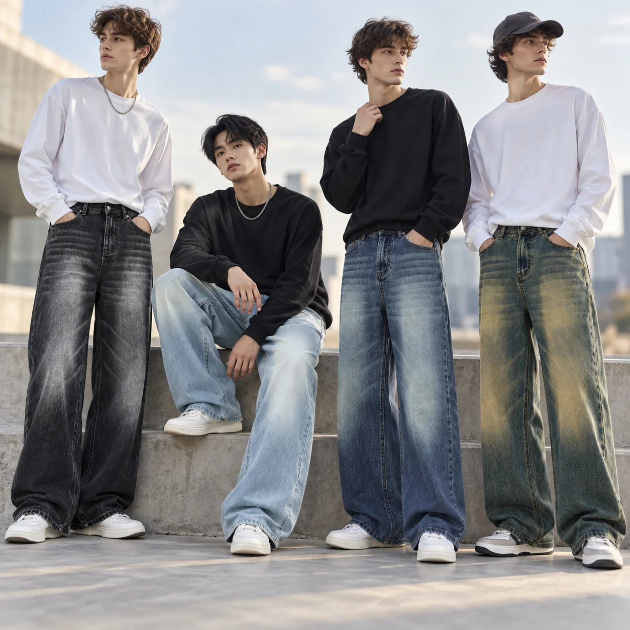 Straight Leg Pants Loose Fit Full Length with Straight Leg Jeans Autumn Pocket Decoration Water Washed Zip Fly Men Jeans