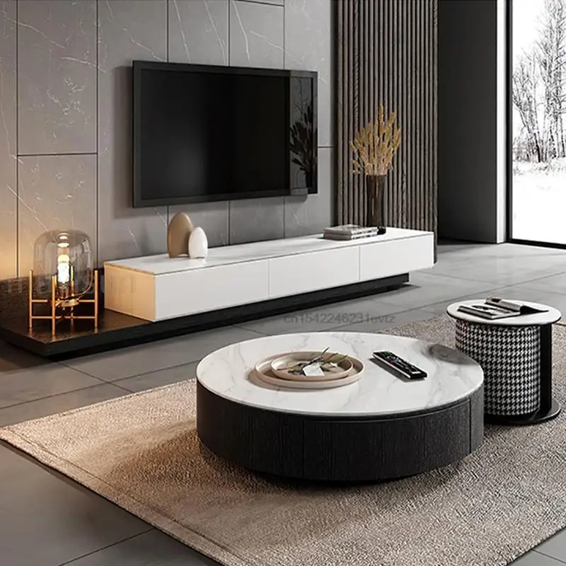 

Italian White Tv Cabinet Living Room Size Round Low Coffee Table Sofa Side Table Combination Small Apartment Floor Locker