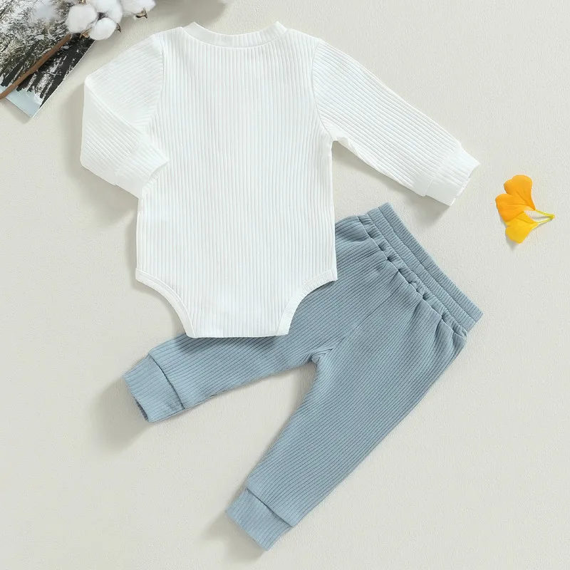 Newborn Baby Boy Pant Sets 2 Piece Autumn Clothes Solid Color Ribbed Button Long Sleeve Bodysuit and Elastic Pant Baby Items