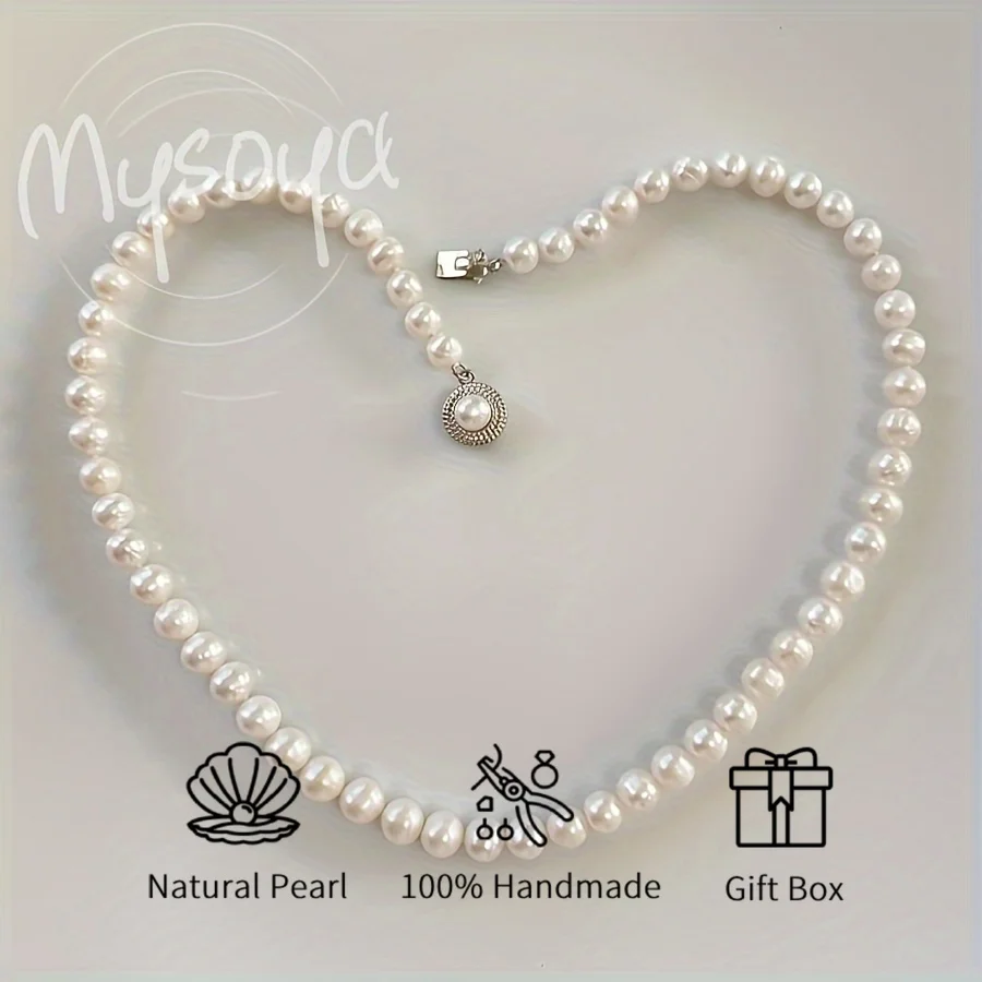 

MYSOYA 7-8 мм браслет с пресноводным жемчугом, ожерелье, набор S925, серебристая застежка с цветочным принтом, унисекс, подарочная коробка для ювелирных изделий на свадьбу, день рождения
