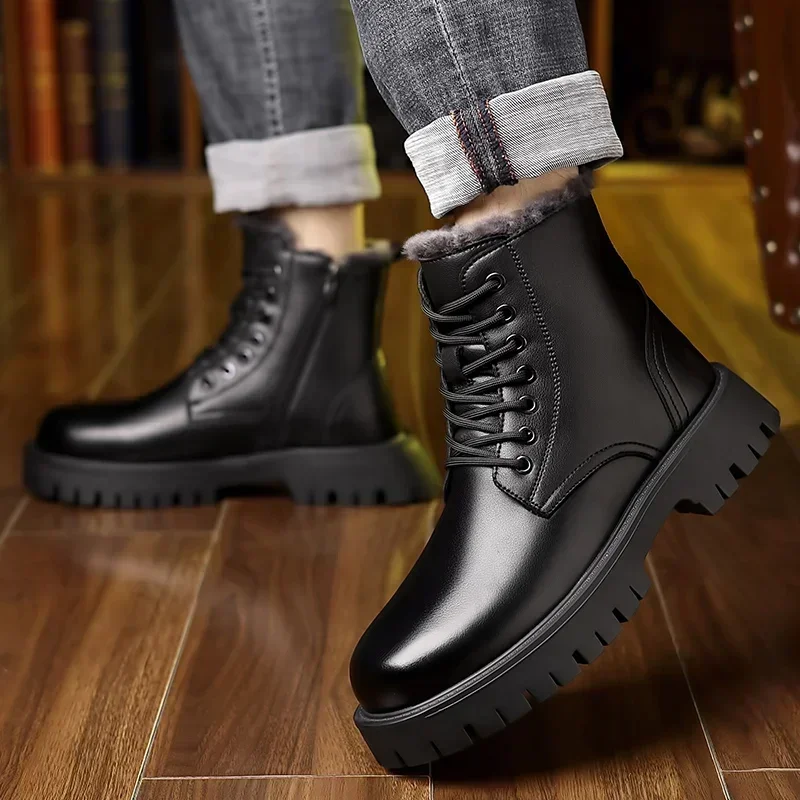 2024 High-Top-Herren-Lederstiefel, reines Wollfutter, Knöchel-Schneestiefel für Herren, warmer Business-Casual-Lederschuh, Herren-Motorradstiefel