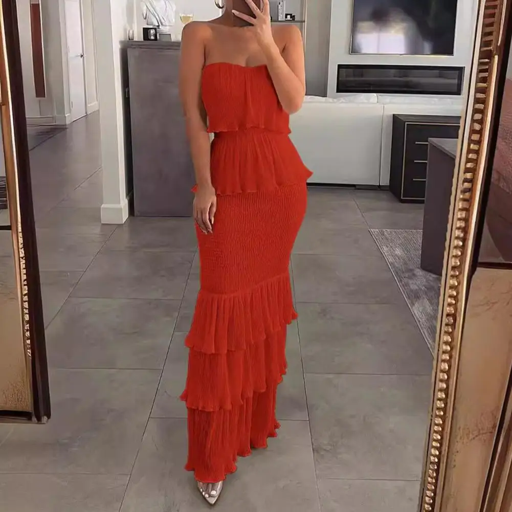 Women Tube Top Dress Elegant Off Shoulder Maxi Dress Pleated Ruffle Backless for Cocktail Parties Banquets Proms Pleated Dress