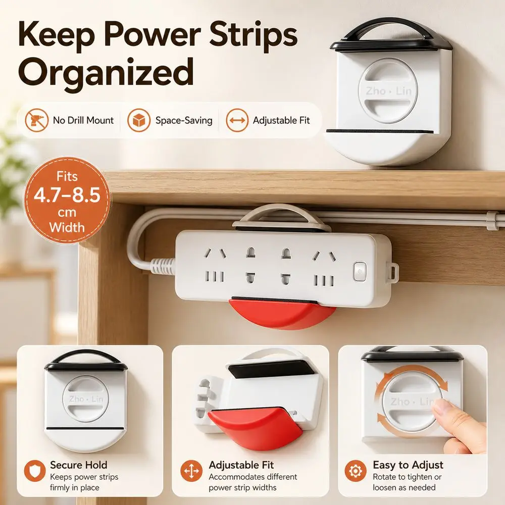 Plastic Power Strip Holder Adjustable No Drill Installation Holder Wall Mounted Suction Cup Cable Management Rack Home Office