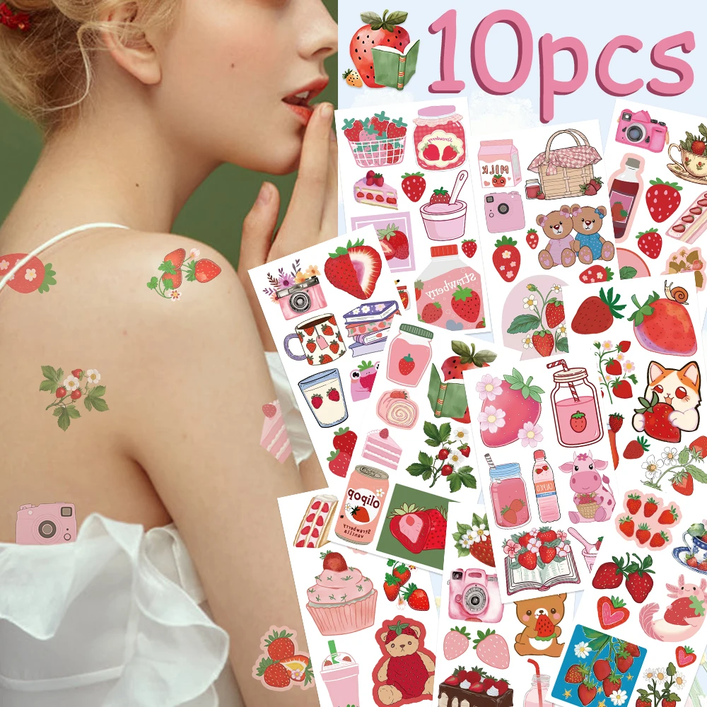 

10sheets Cartoon Strawberry Tattoo Stickers For Face Hand Arm Body Temporary Waterproof Tattoo Stickers Kids Creative Toys Gifts