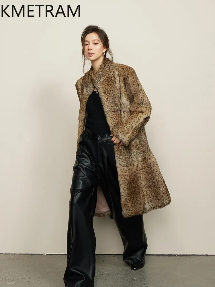 KMETRAM Real Rabbit Fur Coat Women 2026 Retro Leopard Print Winter Jacket Women Youthful Long Fur Coat Fur Outwear Шуба Женская