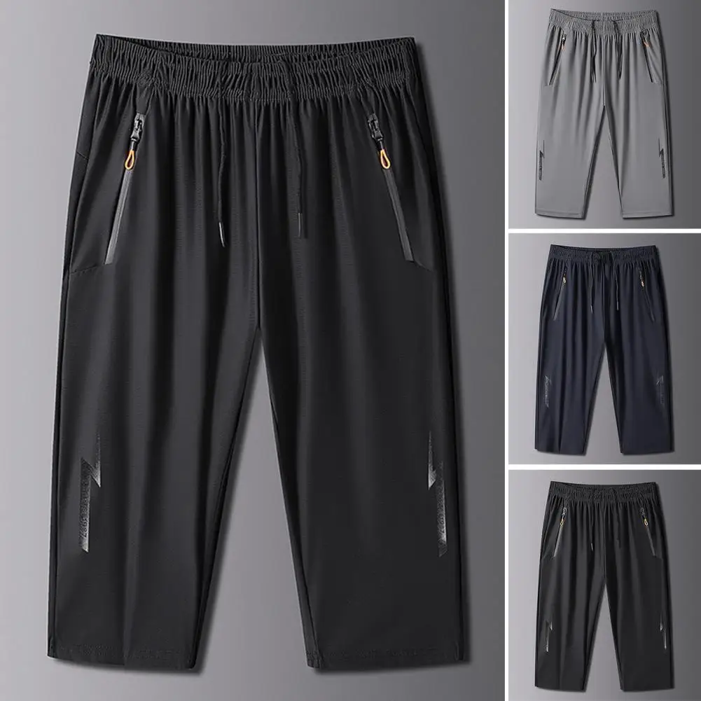 Men Sweatpants Mid-rise Elastic Waistband Drawstring Sport Pants 3D Cutting Pockets Cropped Pants Ice Silk Thin Jogging Trousers