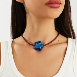 Brand Trend Jewelry Blue Glass Flower Choker Necklace New Fashion Women Short Simple Summer Necklaces