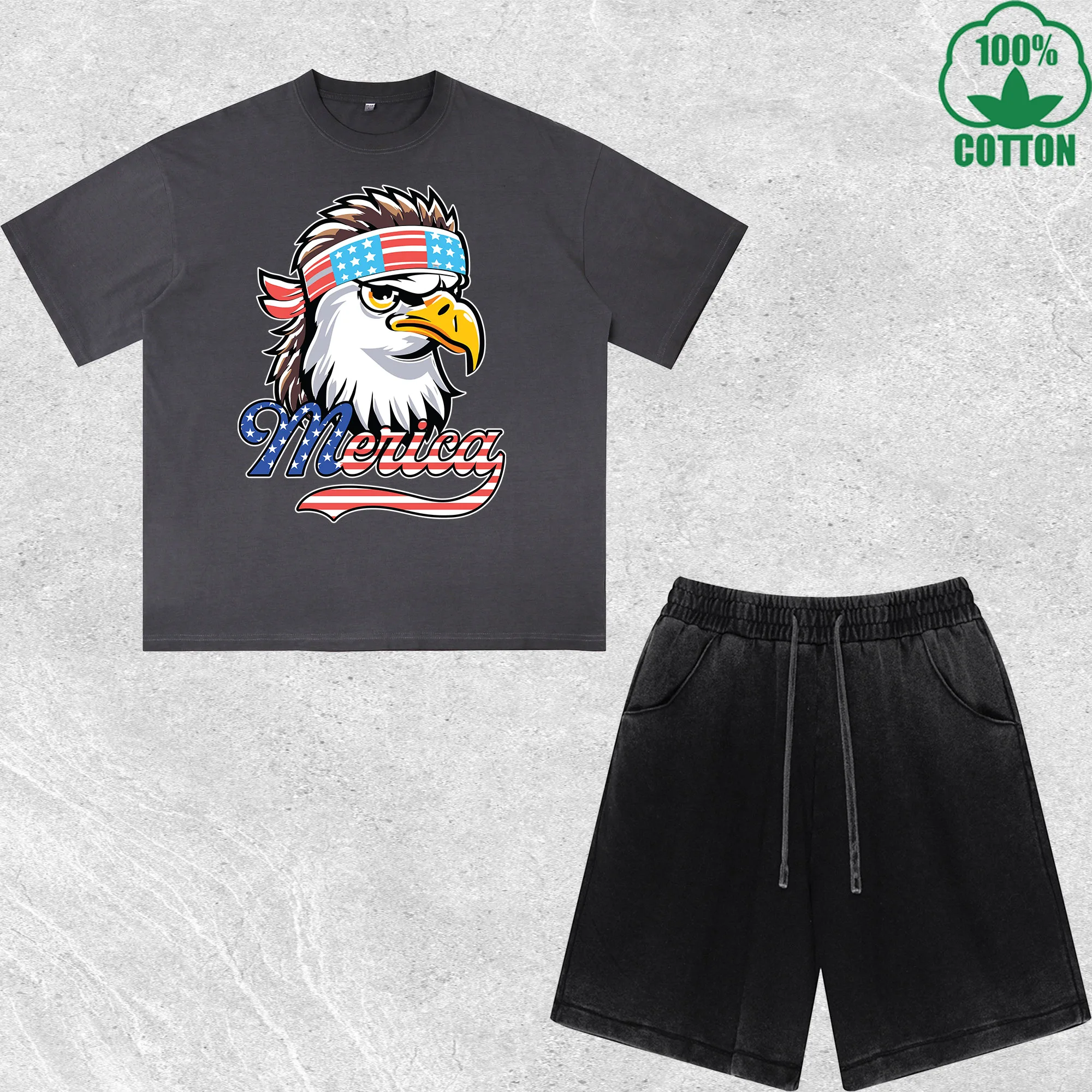 

Independence Day Eagle Printed Dirty Wash T-Shirt Shorts Set Combo Loose Trendy Fashionable 100%Cotton Black Suit