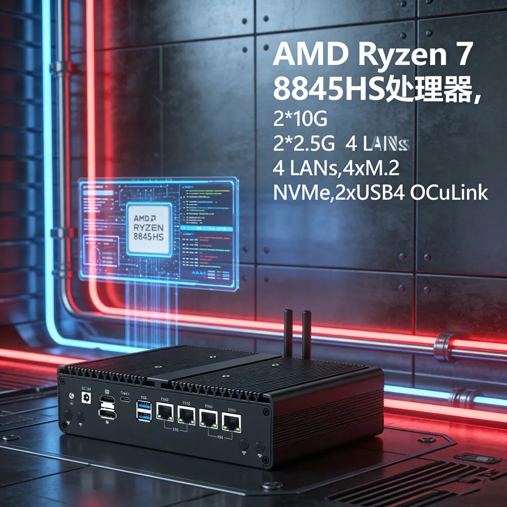 

Промышленный мини-ПК AMD Ryzen 7 8845HS, 2×10G + 2×2.5G, 4*LAN порта, 4×M.2 NVMe слота, 2×USB4 OCuLink, безвентиляторный встраиваемый компьютер