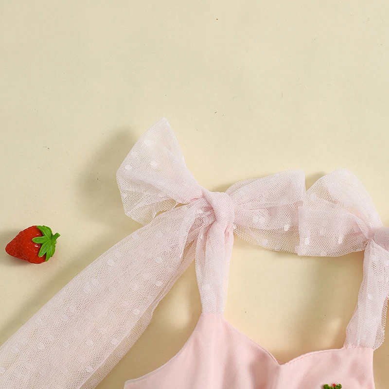 Newborn Baby Girl Outfits Strawberry Embroidery Tutu Romper Dress Sleeveless Straps Tulle Bodysuit Summer Clothes