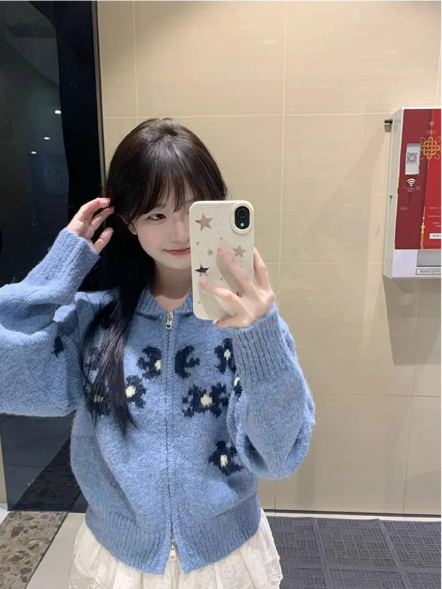 

Корейский синий свитер на молнии с цветочным принтом в стиле ретро, женский осенний приталенный вязаный кардиган Ele Top, прямой топ, длинный све