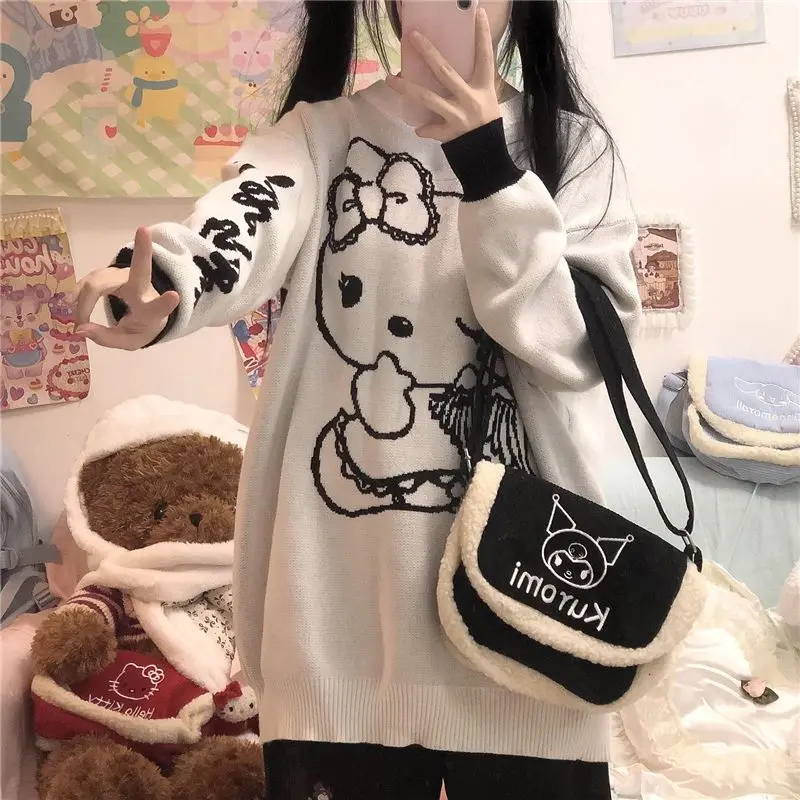 Sanrioed Y2K Hello Kitty Sweater Anime Kawaii Hoodie Spring Autumn Winter Girls Cute Knitting Tops Loose Keep Warm Thicken Sweet