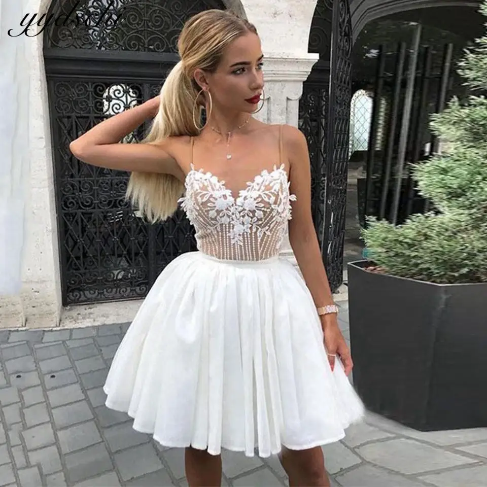 

Short Prom Dresses Spaghetti Straps White Appliques Lace Cocktail Homecoming Dress Sweetheart Party Gown Elegant Simple 2025