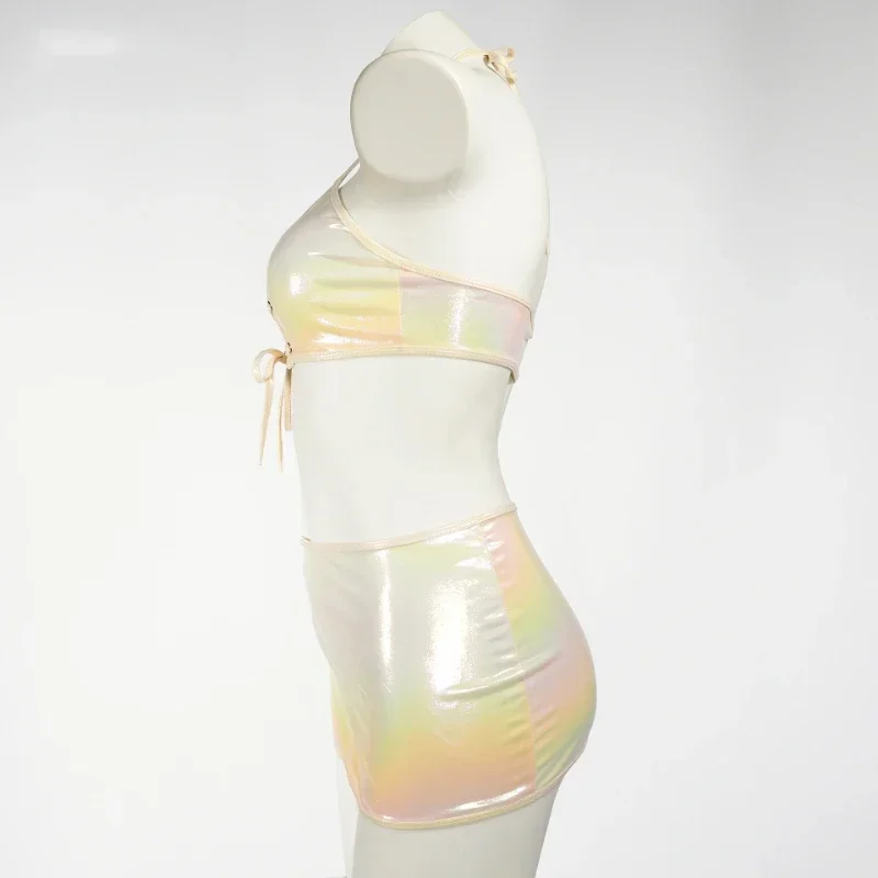 Sexy Open Chest Hollow Bandage Swimsuit Women Laser Two Piece Set Halter Swimwear Anime Cosplay Bikini Maid Nightdress MN5