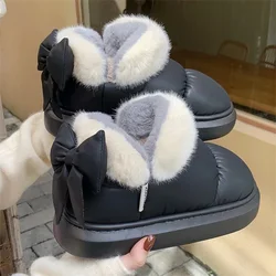 Botas de nieve para mujer, botines gruesos y cálidos para invierno, zapatos de algodón con lazo peludo antideslizantes para exteriores, cómodas botas de felpa impermeables