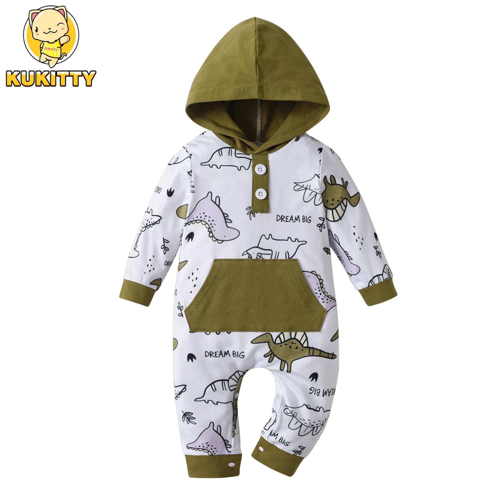 Cute Newborn Infant Baby Boys One Piece Climb Clothing Cotton Long Sleeve Dinosaur Print Hooded Romper Jumpsuit Casual Clothes