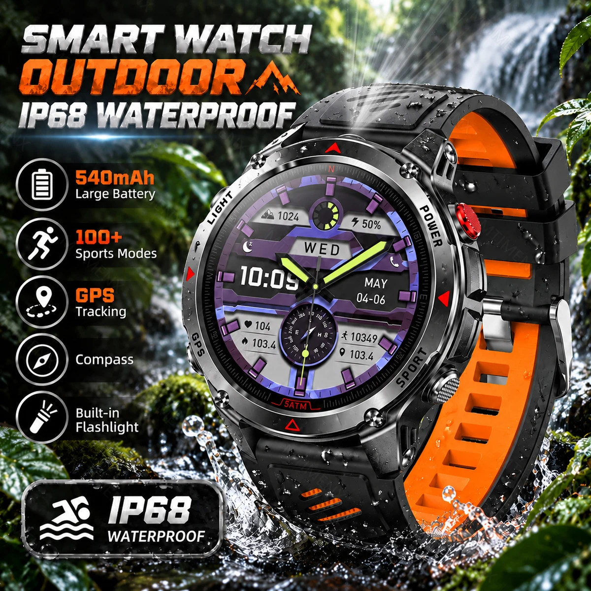 Smartwatch z funkcją śledzenia GPS dla mężczyzn, model 2026, z funkcjami monitorowania zdrowia, kompasem, połączeniami Bluetooth, latarką LED, baterią 540 mAh, wodoodpornością do 30 m, sportowy — 2