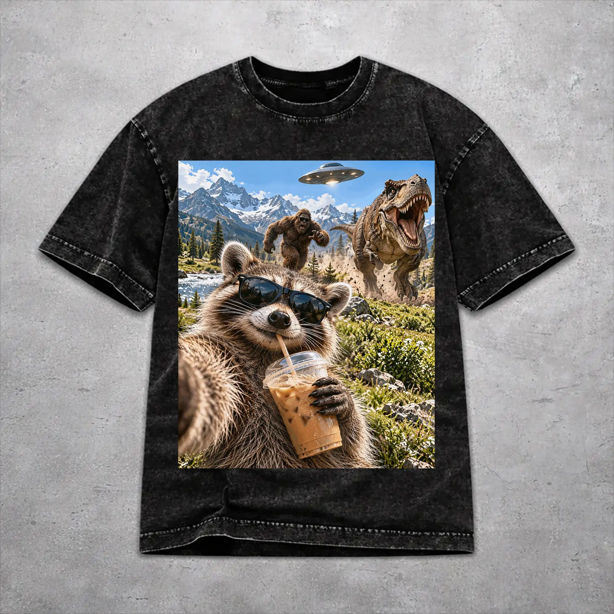 Hip Hop Funny Bigfoot Ride Dinosaur Raccoon Merch T-Shirts for Men Women  Cotton Washed Tee Shirt Clothes