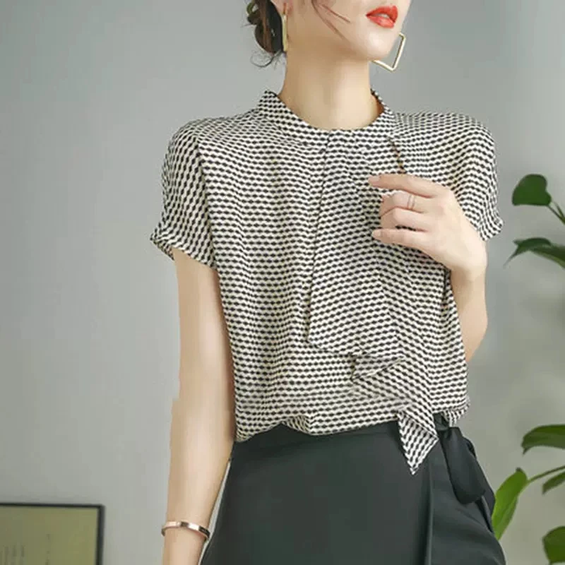 

Summer Design Sense Silk Chiffon irt Top with Bow Tie Tweed Pattern ort Sve Women's Busin Casual Loose Fit Blouse