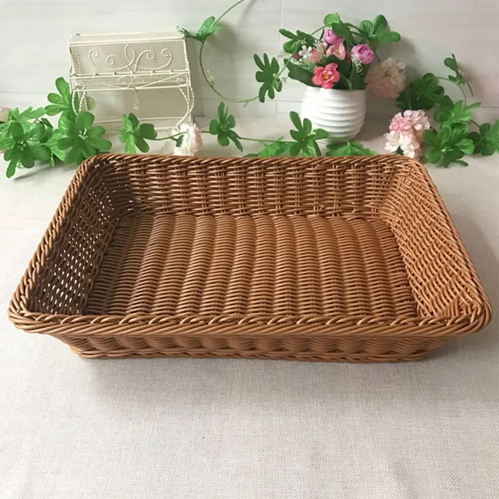 Imitation Rattan Woven Kitchen Storage Basket Round Rectangle Coffee Bread Fruit Tray Vegetables Candy Snacks Sundries Organizer