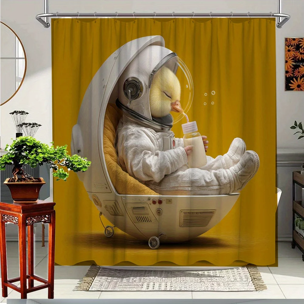 

1pc Whimsical Astronaut Duck Shower Curtain - 70. 8x70. 8 Inches, Polyester with 12 Hooks, Cute Space-Themed Design for Bathroom