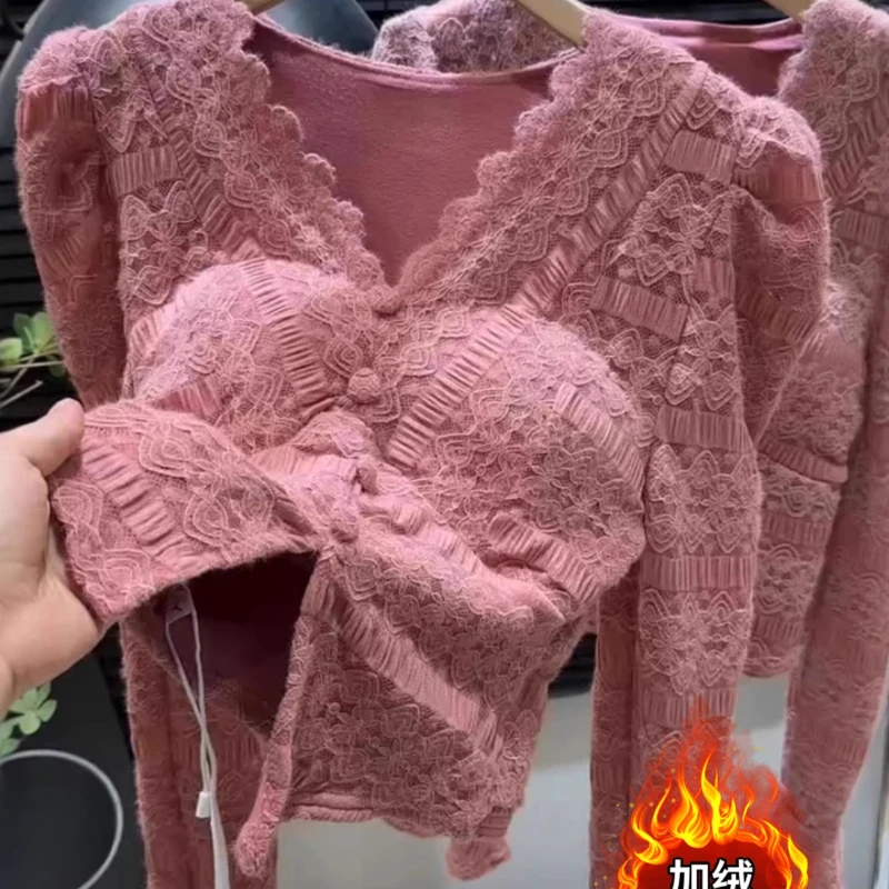 Осень-зима, женская теплая рубашка с v-образным вырезом, винно-красная, белая, кружевная флисовая рубашка, женская одежда, тонкие топы, рубашки