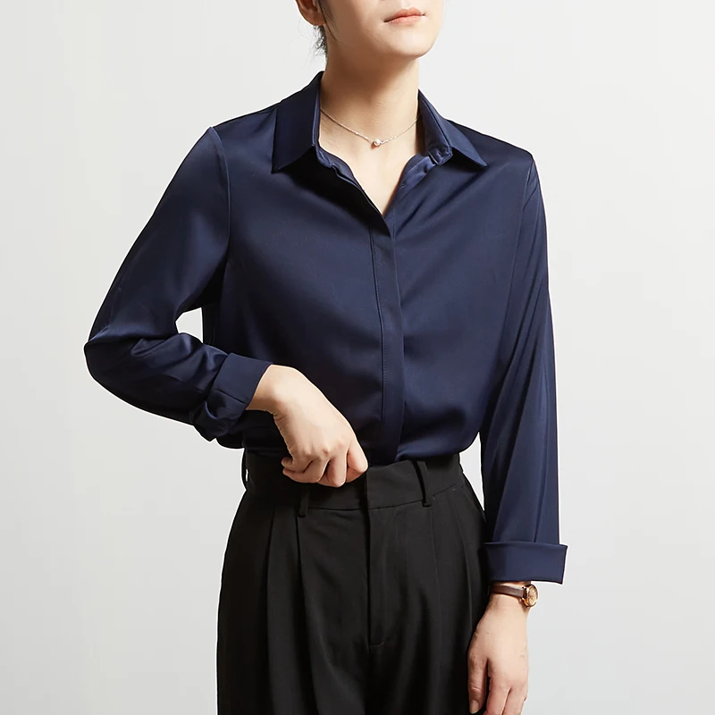 

CHICBS Deep Blue Satin irt Women's Long Sve Design Commute Early Spring Button Detail Hidden Plaet Office Wear