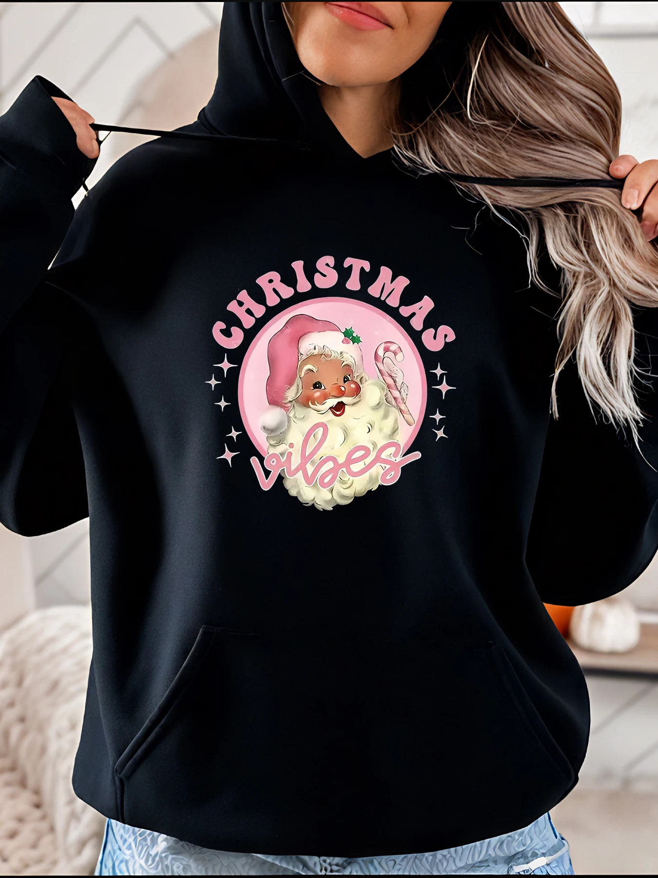 

Рождественская толстовка с принтом Санта-Клауса, повседневная женская зимняя праздничная толстовка с розовым дизайном для праздничного сезона