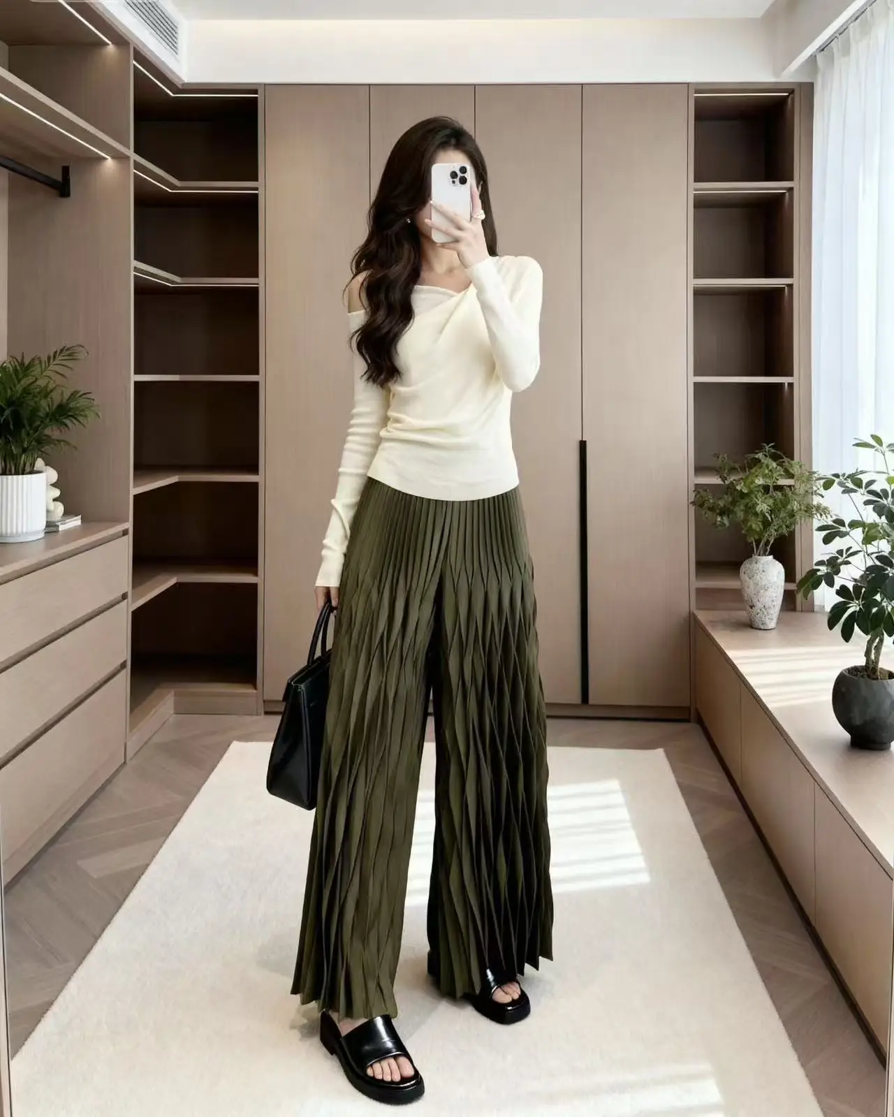 مياكي مطوي 2025 الخريف والشتاء جديد مطوي عالية الخصر بناطيل كاجوال ثنى موضة فضفاضة واسعة أرجل بنطلون أنثى