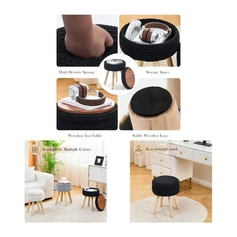 

Foot Stool Ottoman With Storage Footrest With Wood Cotton Knitted Vanity Stool Tray Top Coffee Table Multifunctional Upholstere